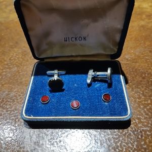 Vintage Hickok Cufflinks Ruby Glass on Silver Tone Estate Jewelry